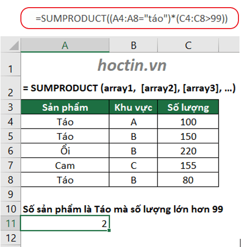 Cách sử dụng hàm SUMPRODUCT tính tổng nhiều điều kiện trong Excel