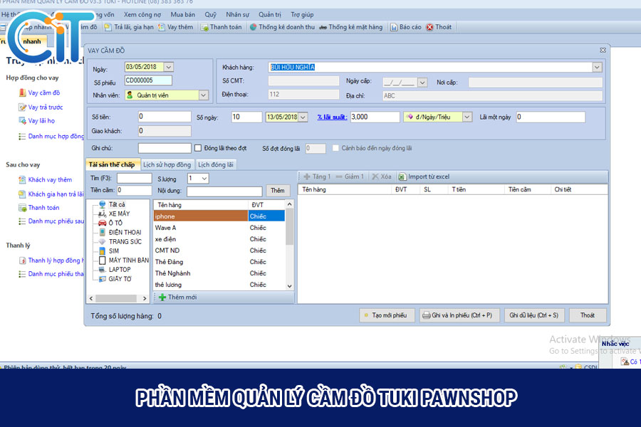 Phần mềm quản lý cầm đồ Tuki Pawnshop